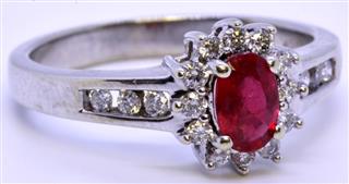 Alwand Vahan 10K Solid White Gold Oval Natural Ruby & Diamond Halo Ring Size 7